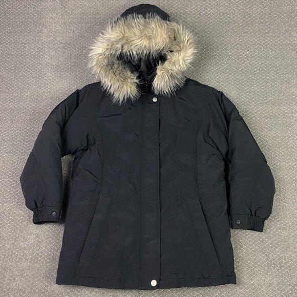 Eddie Bauer Goose Down Jacket Women's Medium Petite Black Puffer Faux Fur Hood - Picture 1 of 14